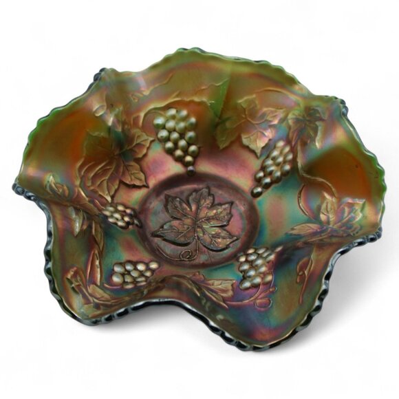 Vintage Fenton Carnival Glass Grape & Vine Ruffled Bowl - Picture 1 of 5